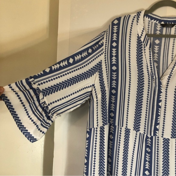 Mlle Gabrielle Aztec Notch Neck Tiered Midi Dress - Blue-3X - Picture 9 of 12